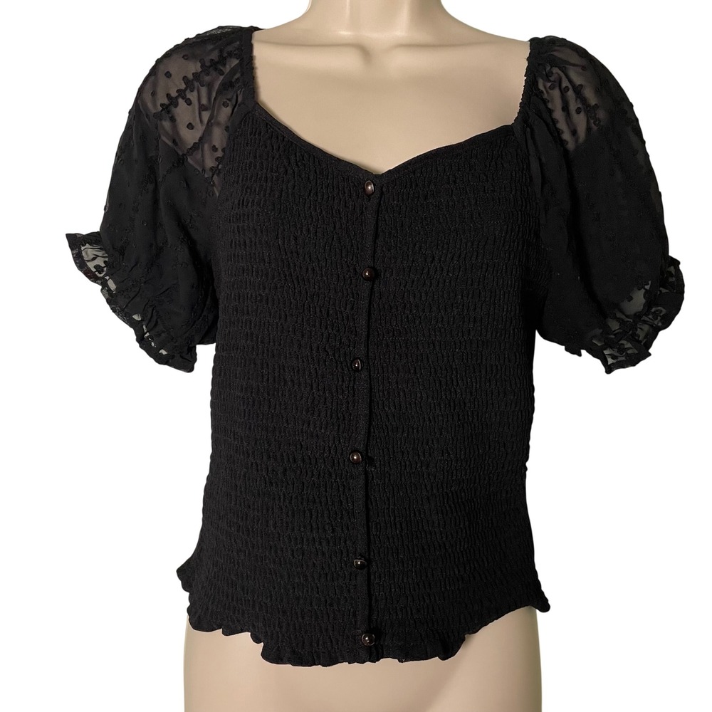 Ember Black Smocked Puff Sleeve Button Front Tie Back Blouse M Whimsigoth